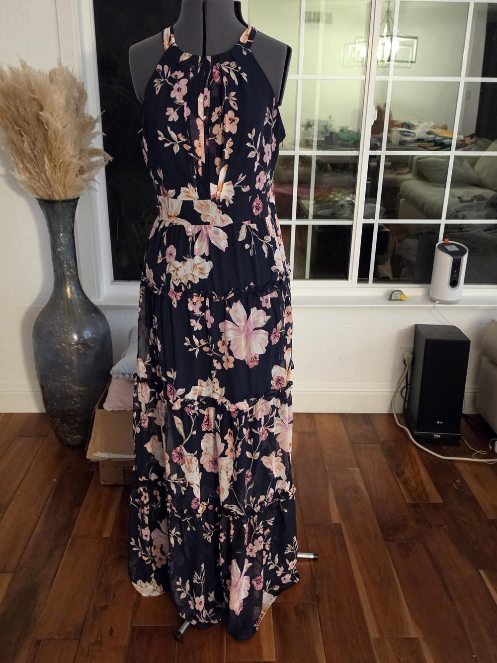 Floral Halter Maxi Dress in Navy and Pink